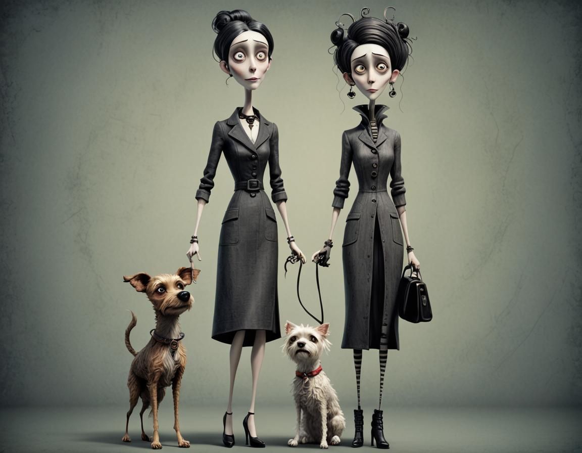 Whimsical Lady with Scuffy Dog in Tim Burton Style
