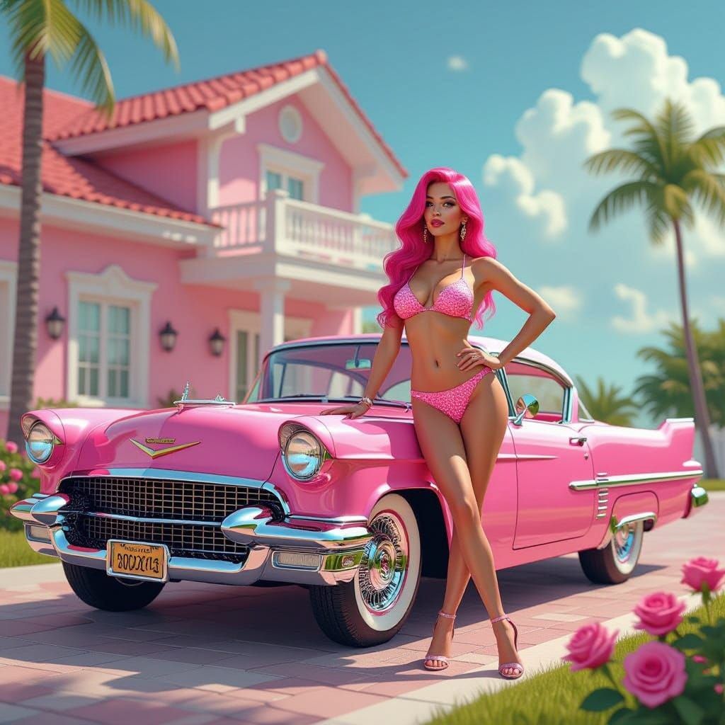 Woman in Pink Bikini Posed with Pink Cadillac