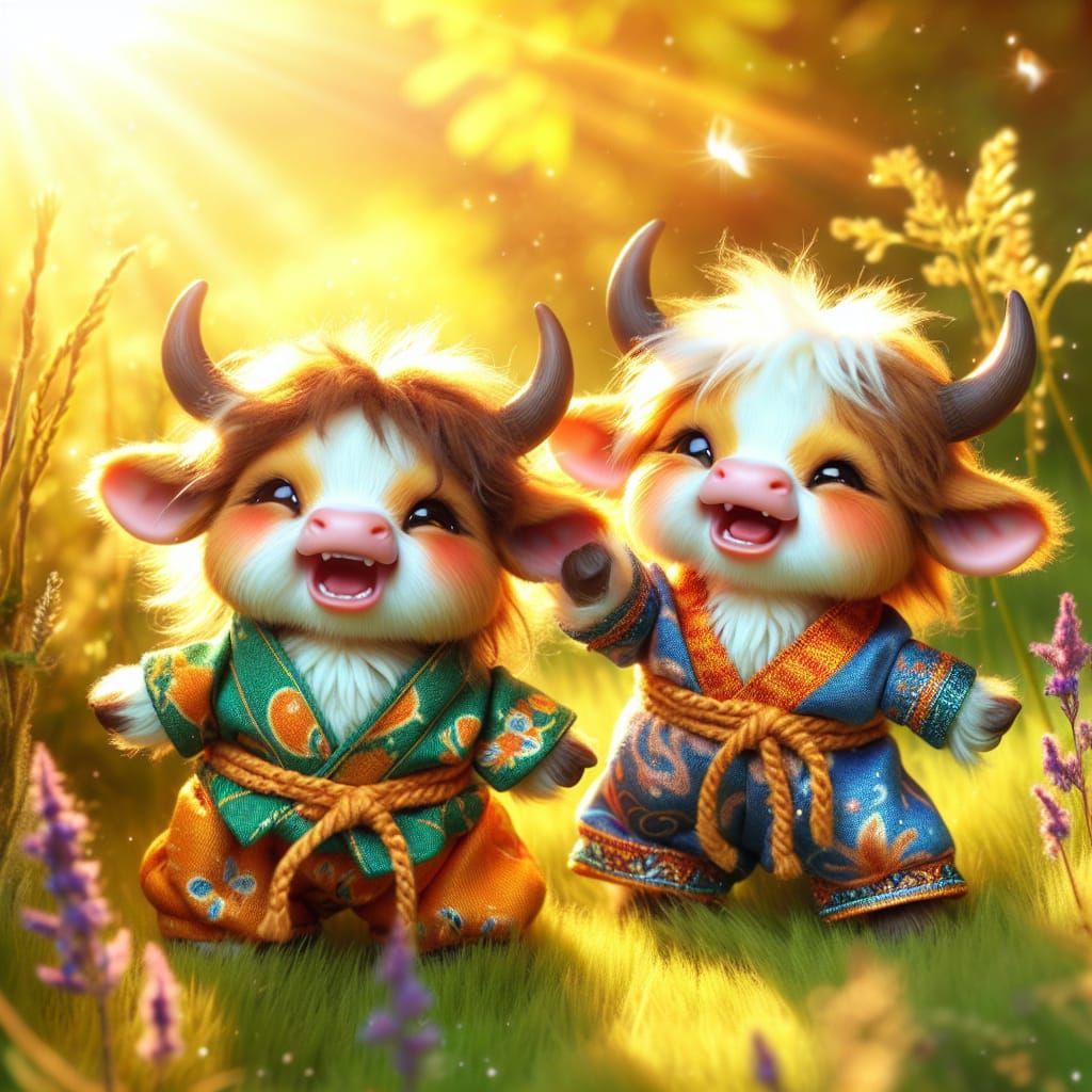 Pixie Yaks in Batik Onesies Frolicking in Meadow