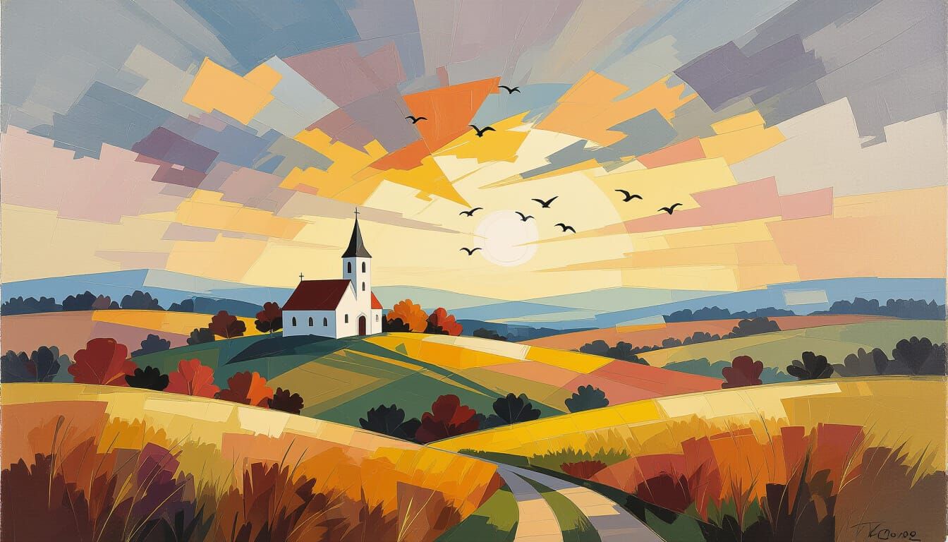 Geometric Autumn Countryside with Dramatic Sunlight and Chur...