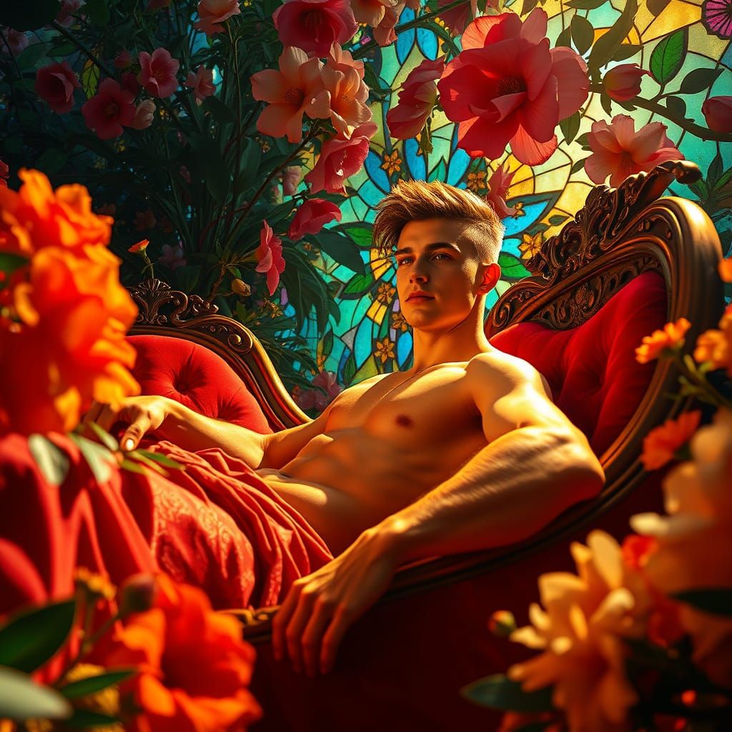 Chiseled Gentleman in Vibrant Flower Garden