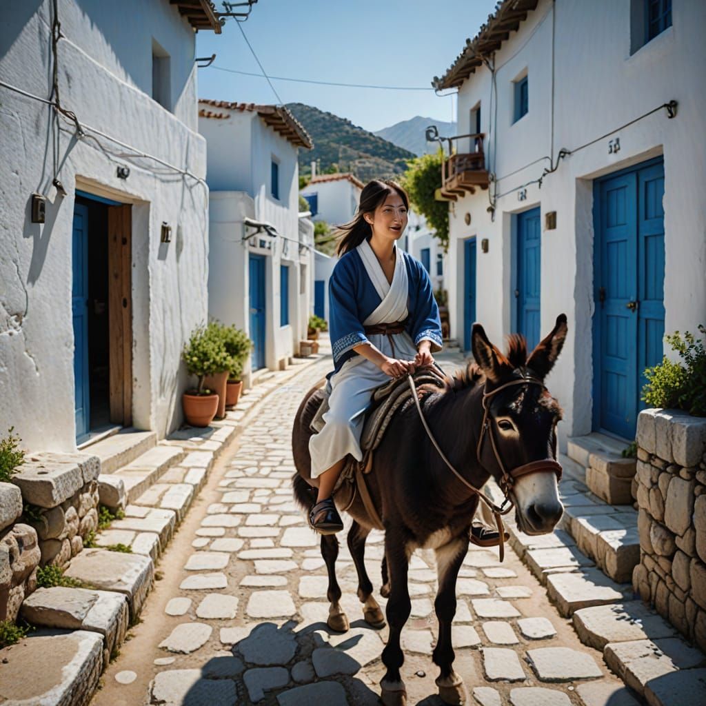 Japanese Woman Rides Donkey in Greek Village