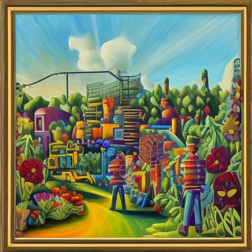 Neo-Cubist Soldiers Embrace Peace in Vibrant Cityscape