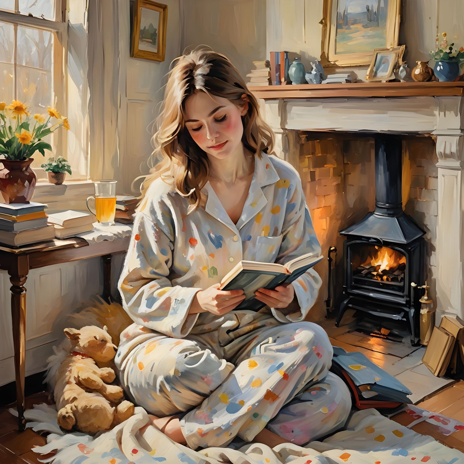 Cozy Reading Scene by Fireplace with Soft Lighting