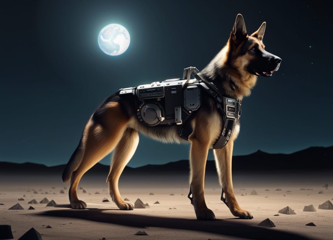 Bionic German Shepherd on the Moon in Cyberpunk Style
