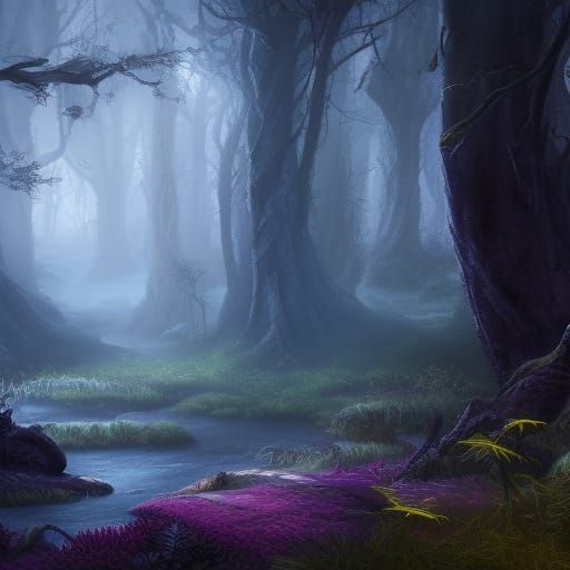 Dark Mystical Forest in Detailed Matte Painting Style