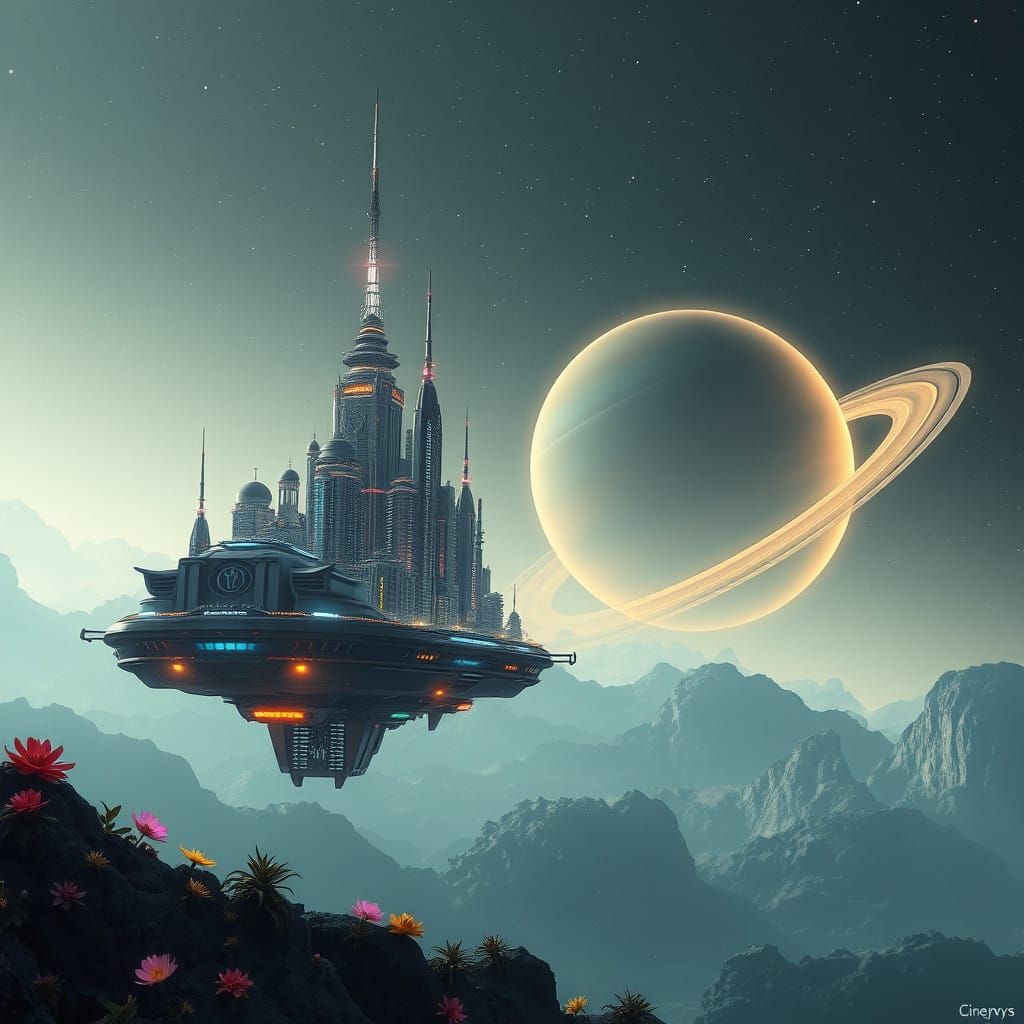 Ethereal City Space Station Amidst Starry Skies