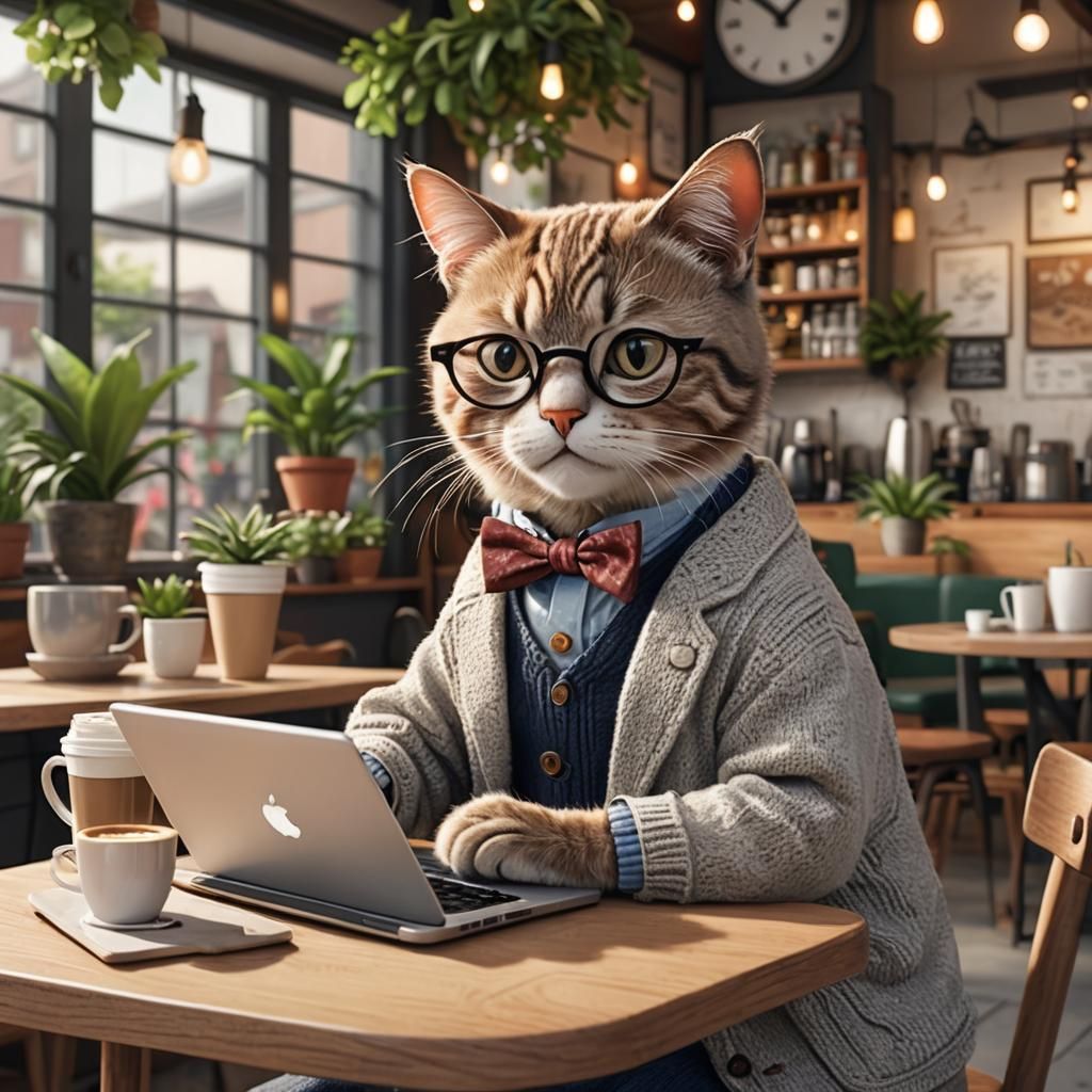 Hipster Cat Lounging at Chic Cafe, 3D Digital Art