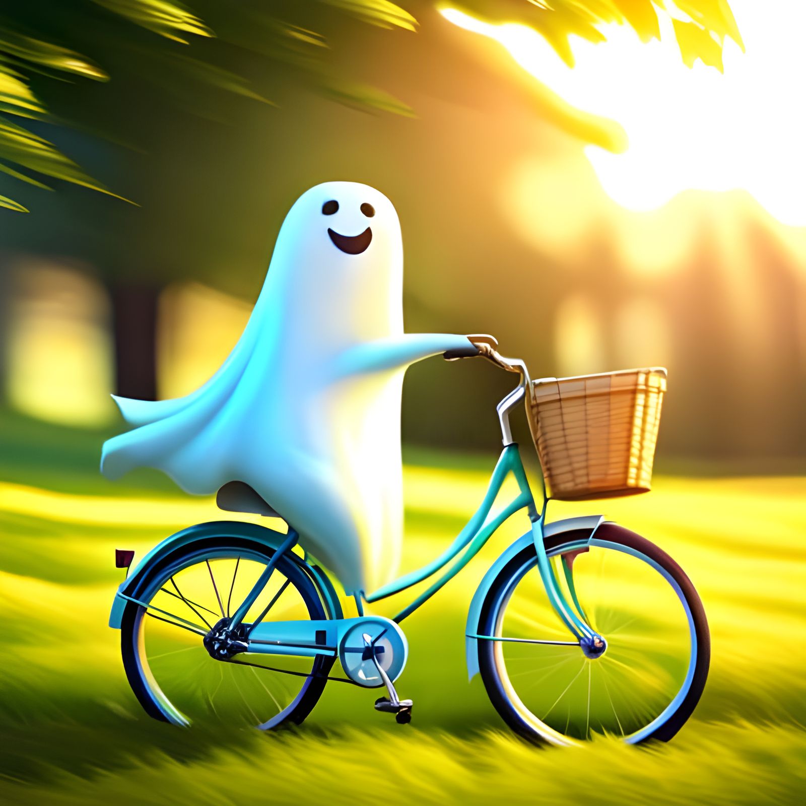 Happy Ghost Rides Bicycle on Sunny Day