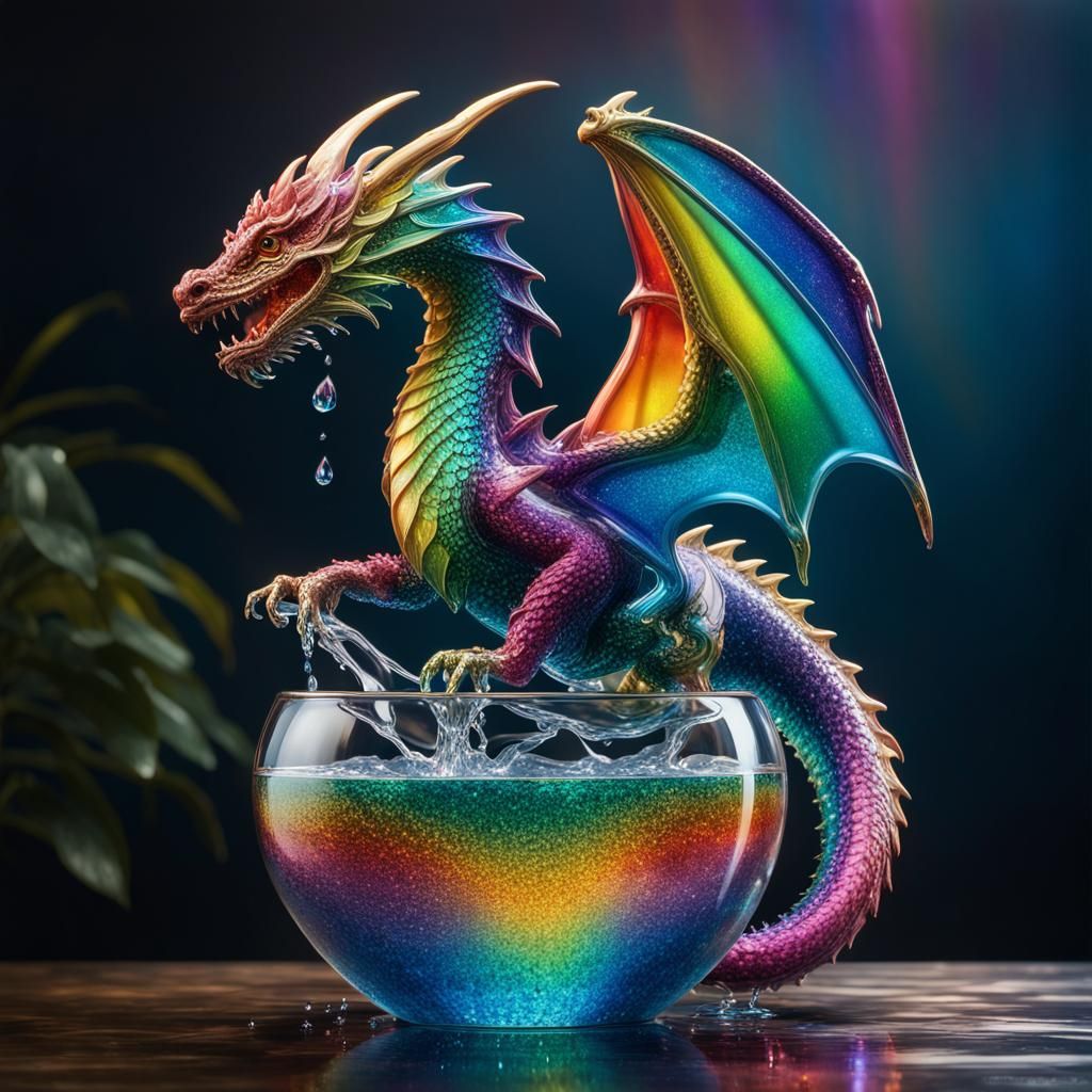 Hyperrealistic Glass Dragon with Rainbow Glitter
