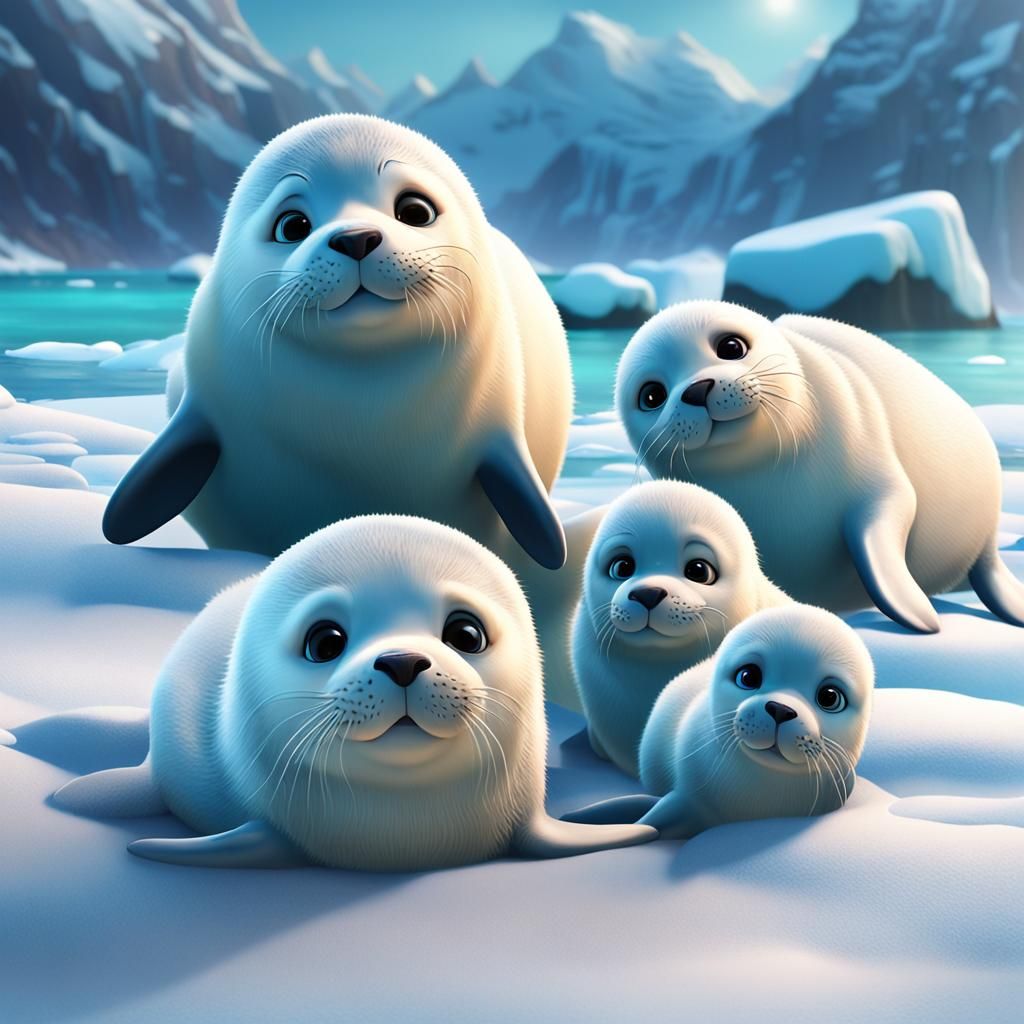 Baby Seals on Ice: Pixar-Style 3D Rendering