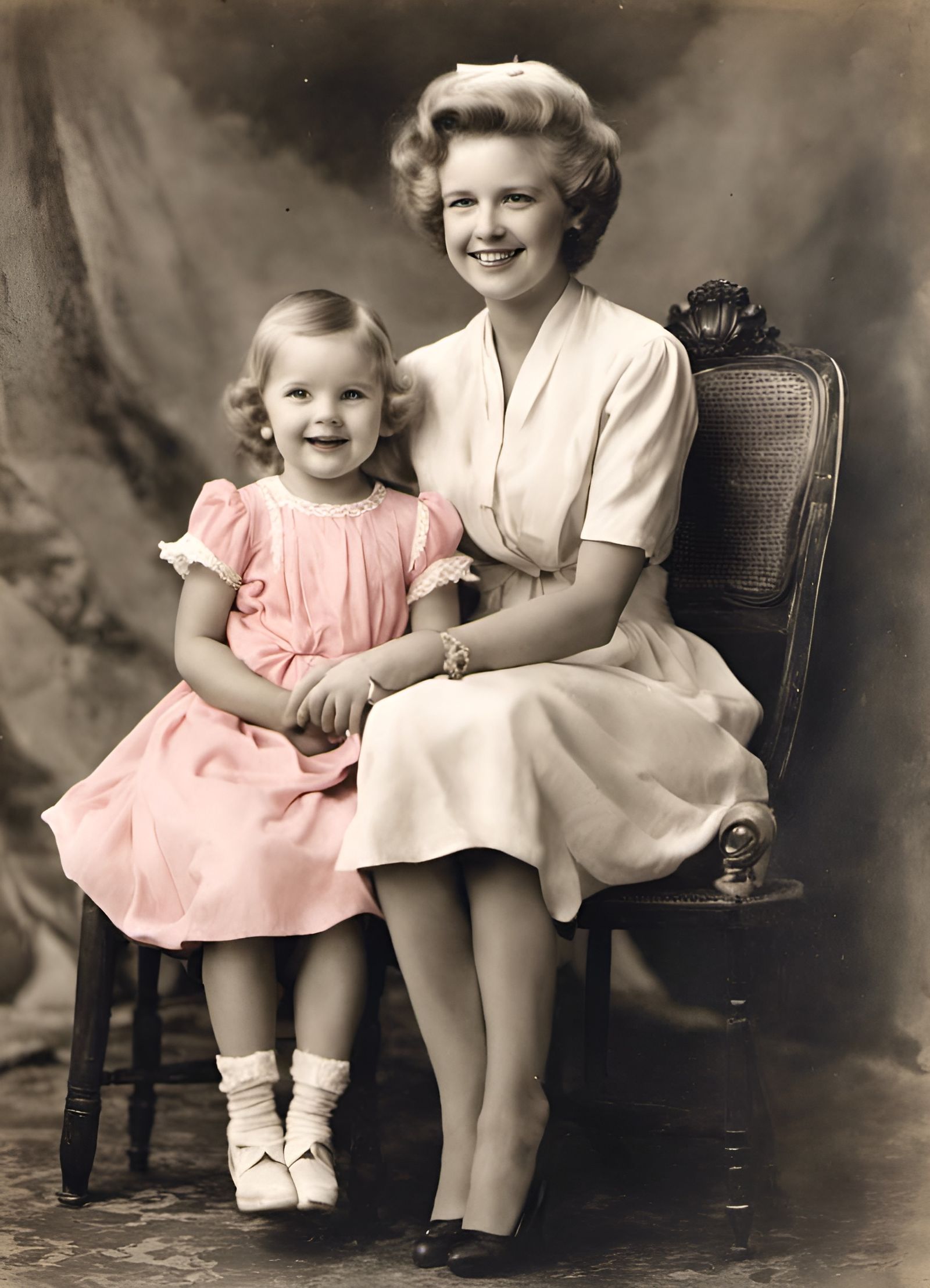 Watercolor Accented Vintage Photo of Mother and Child