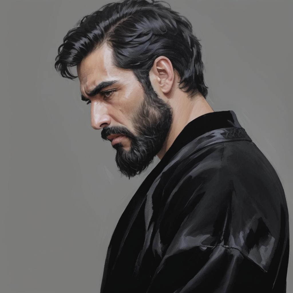 Elegant Bearded Man in Velvet Robe: Charcoal Drawing