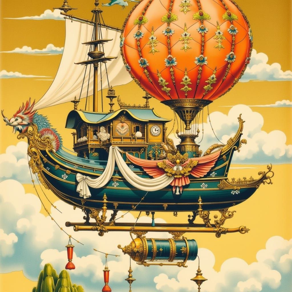 Surreal Japanese Steampunk Airship Soars Through a Golden Sk...
