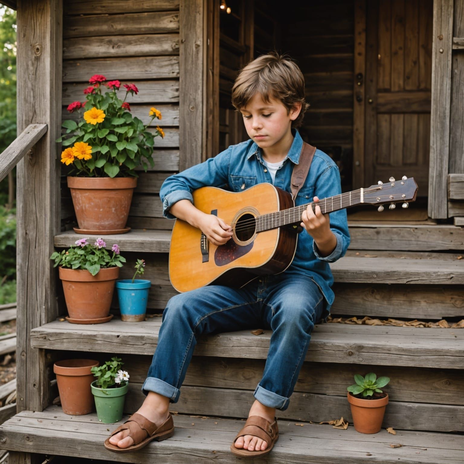 Boy Plays Guitar on Rustic Cabin Steps