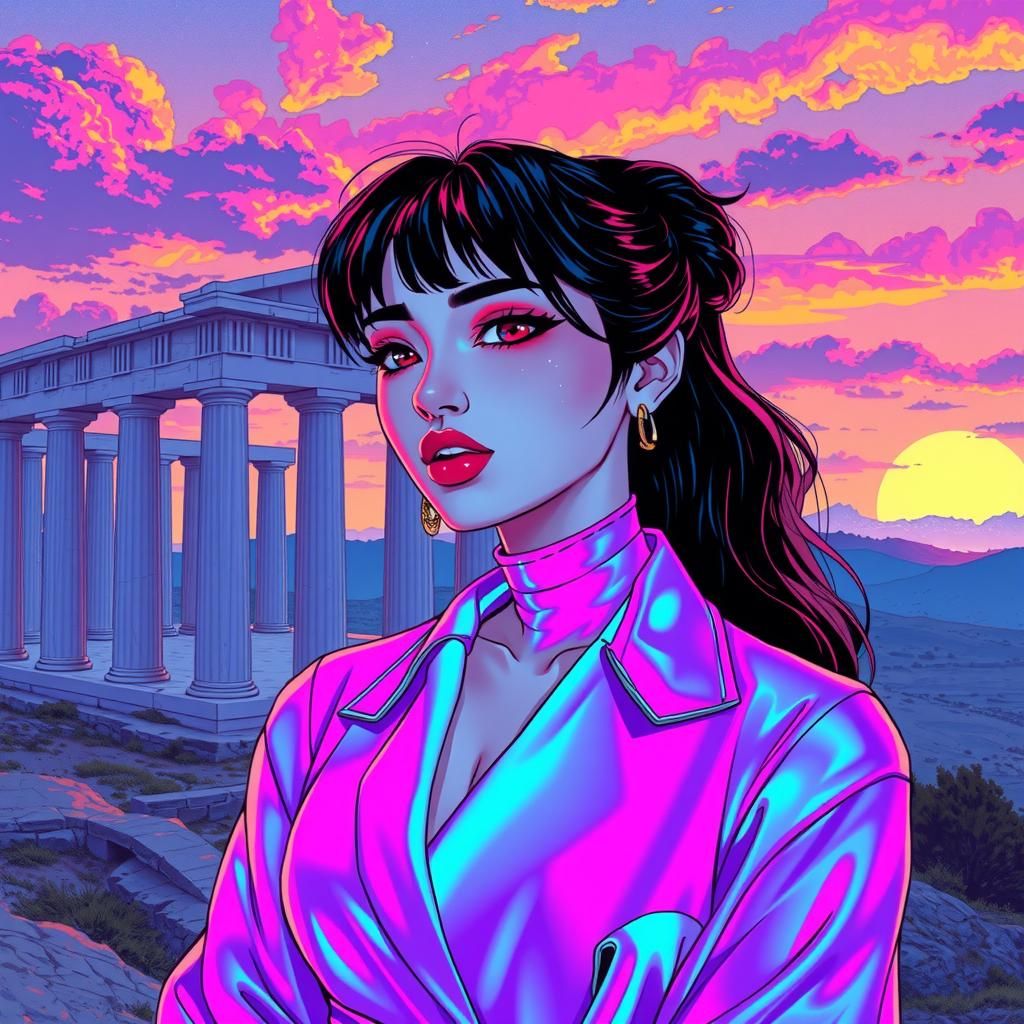 Retro-Futuristic Landscape with Holographic Woman in Vaporwa...