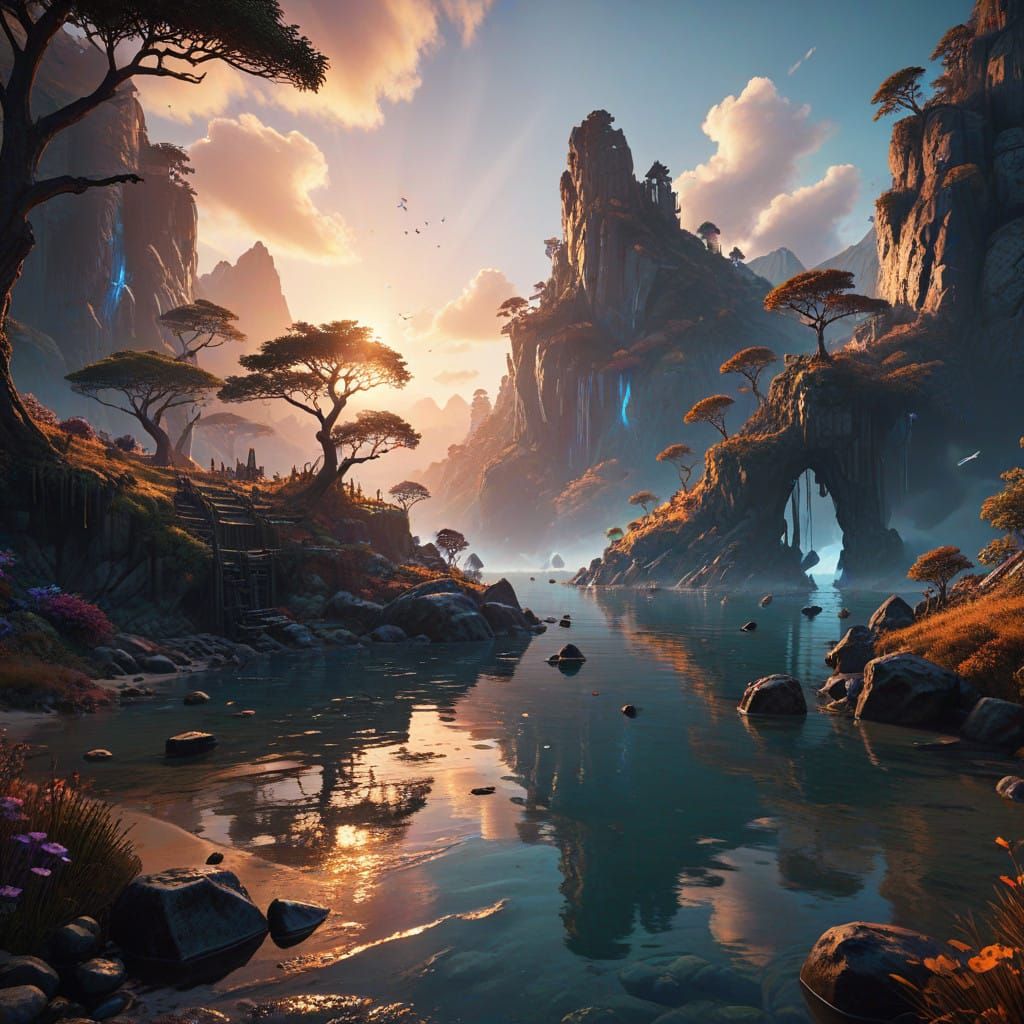 Serene Bay Landscape in Whimsical Goblincore Style