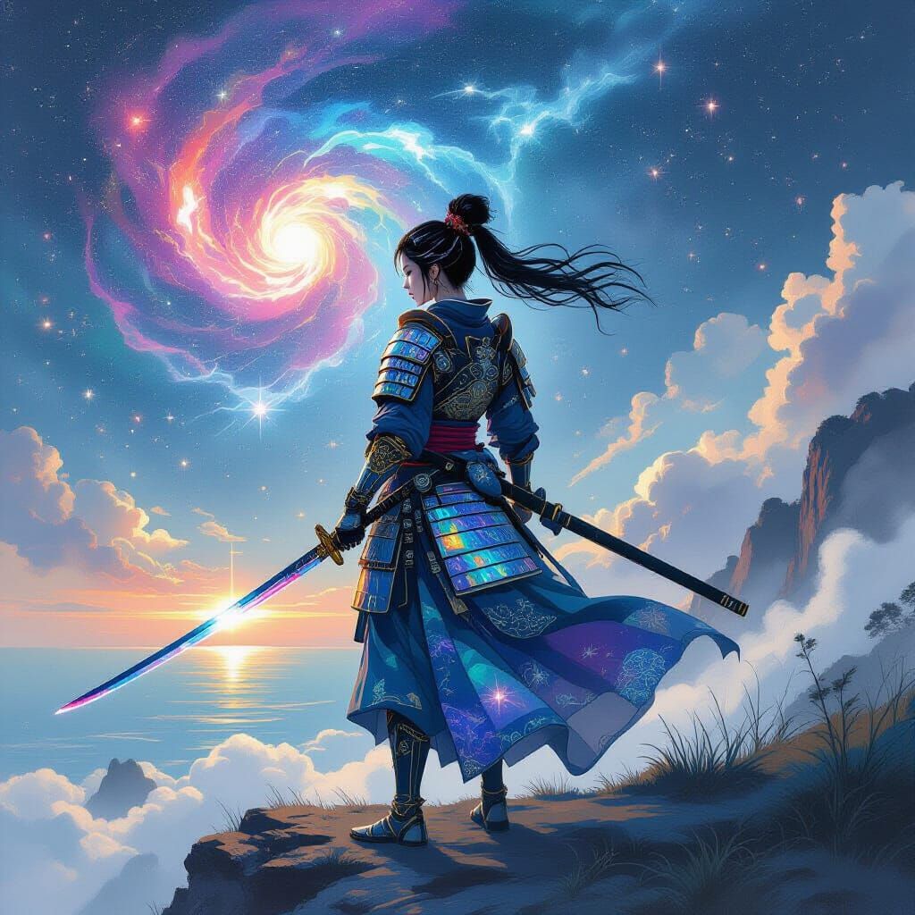 Cosmic Samurai Warrior Overlooking Nebulae