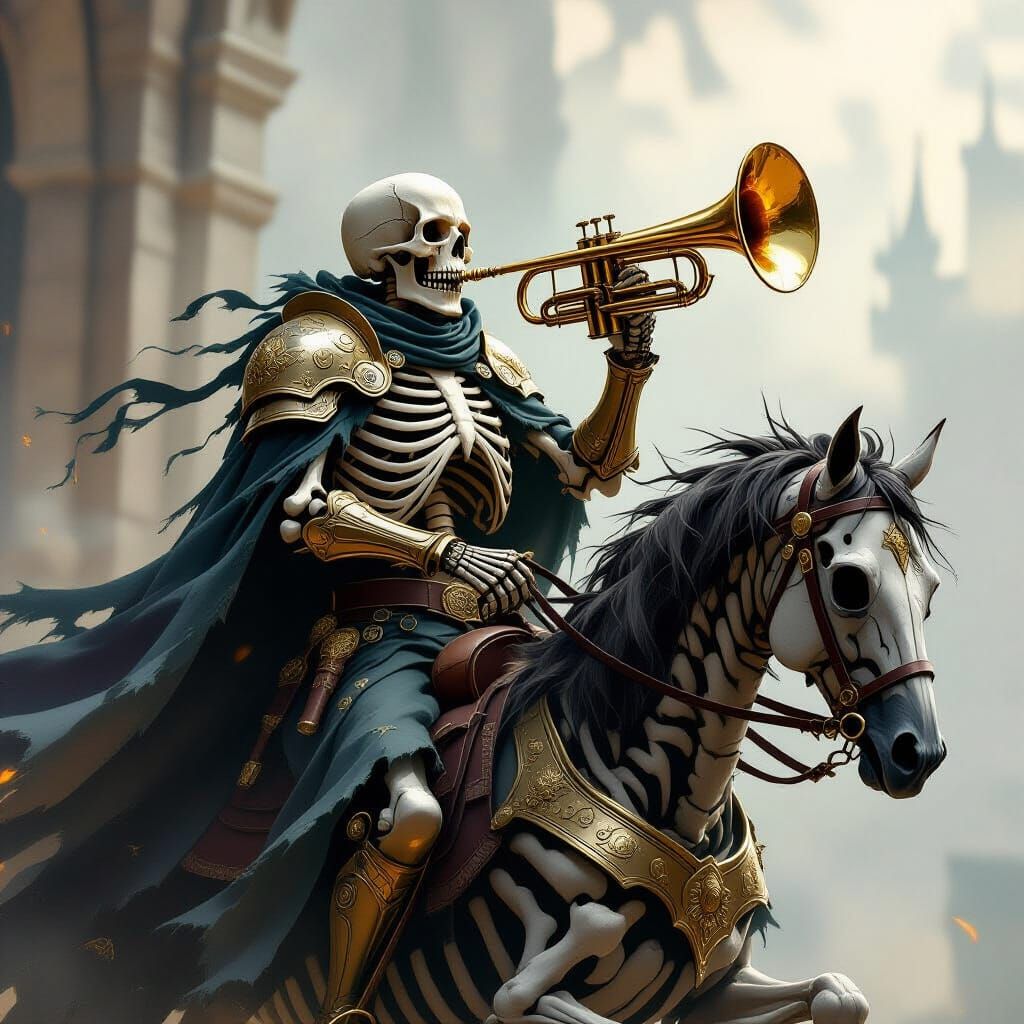 Skeleton Rider with Golden Trumpet in Ethereal Light
