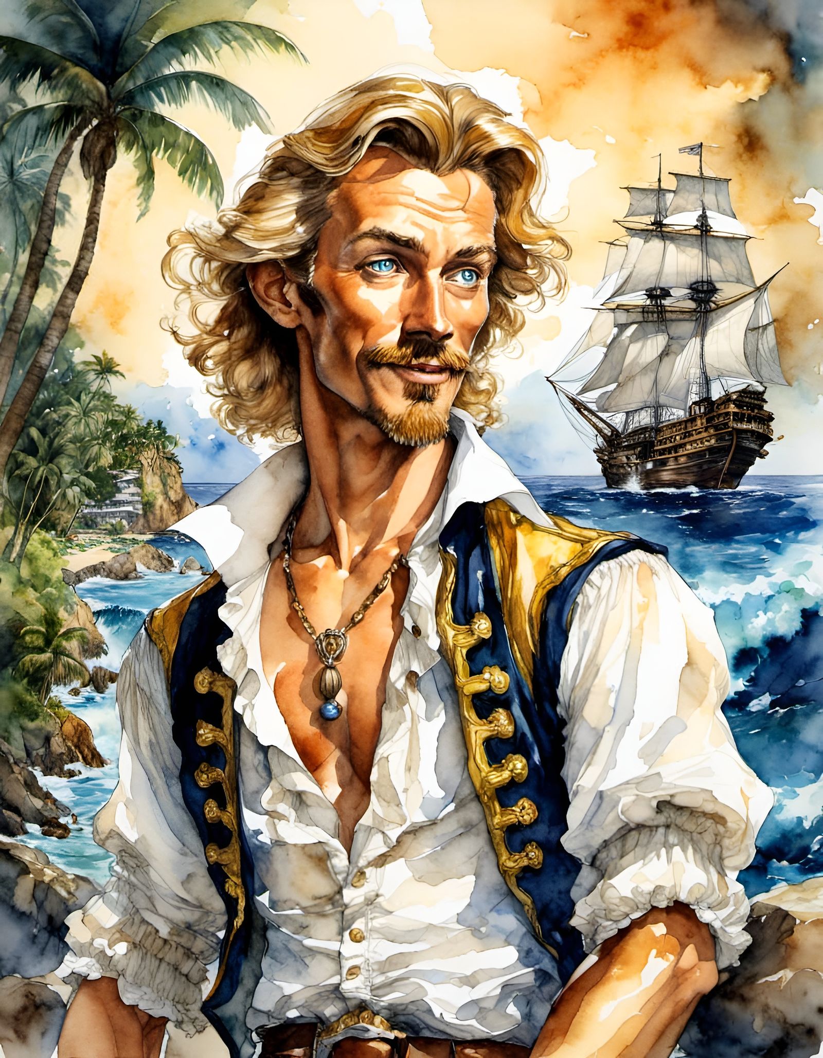 Guybrush Threepwood on Tropical Island in Watercolor Style