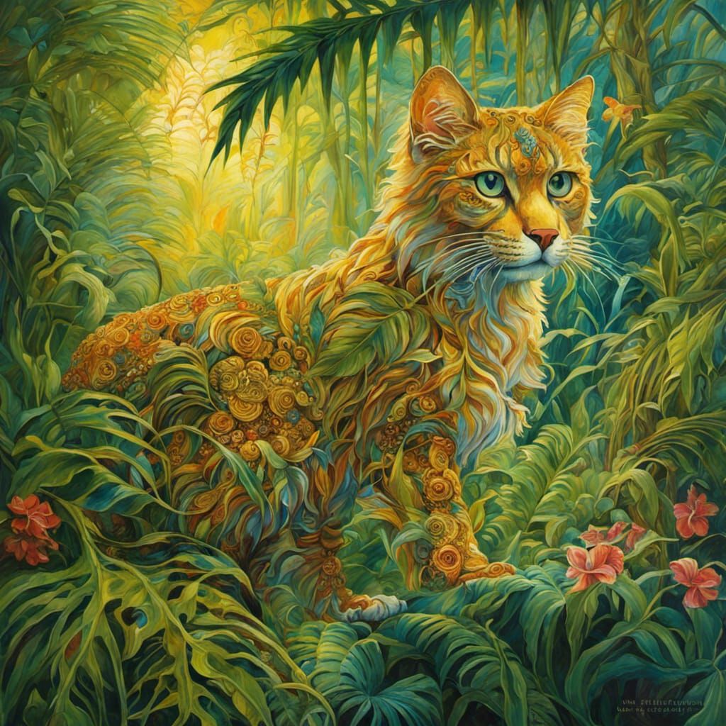Golden Filigree Jungle: A Fantasy Oil Painting