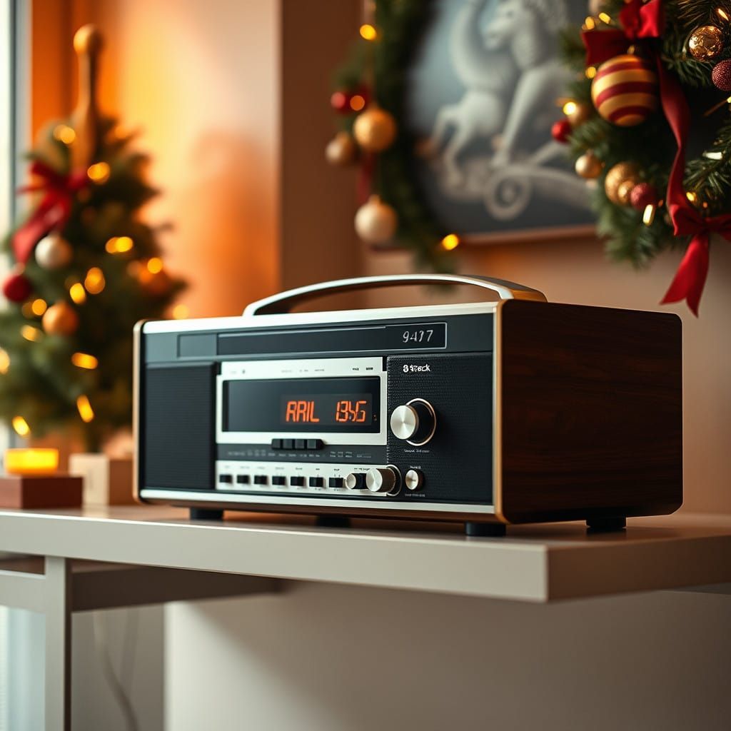 Sleek Retro 8-Track Stereo System in Holiday Setting