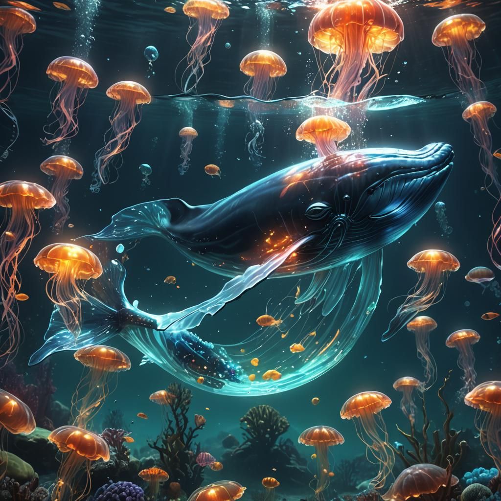 Glowing Glass Whale in Ocean Depths