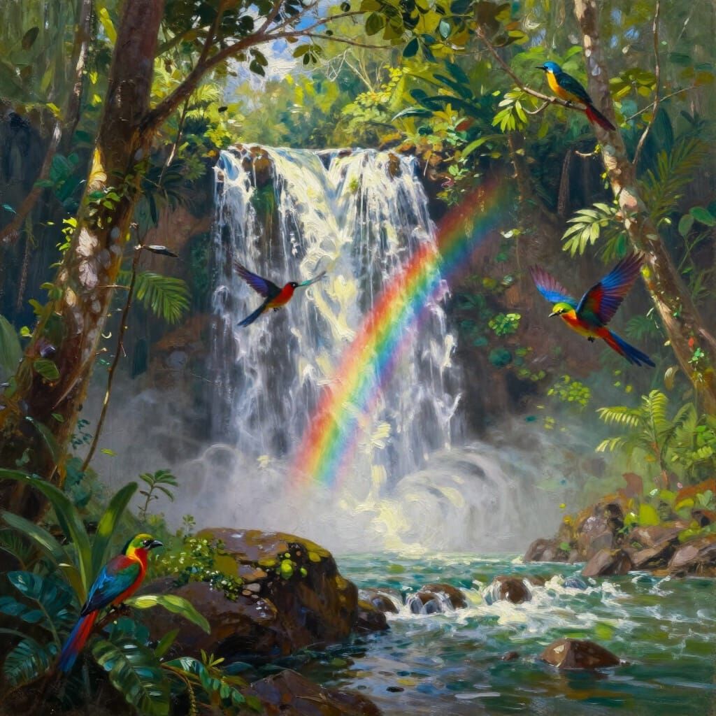 Majestic Waterfall in Lush Rainforest Oil Painting