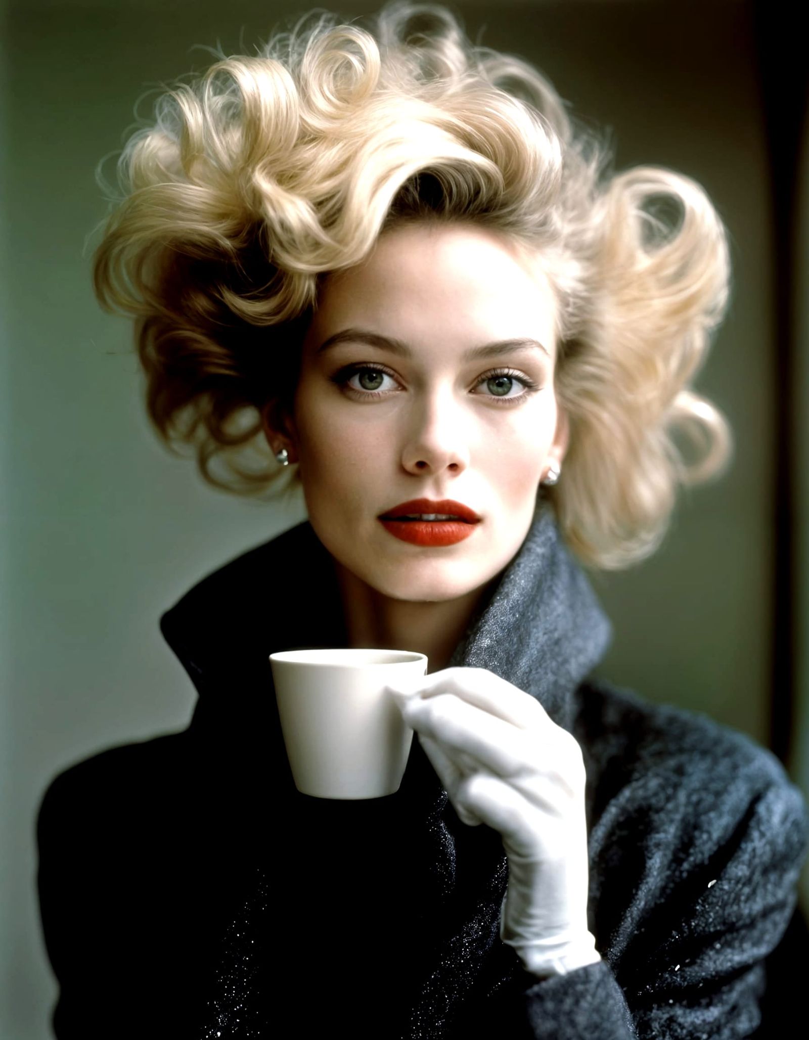 Happy Woman Enjoying Tea in Cafe: Photorealistic Portrait