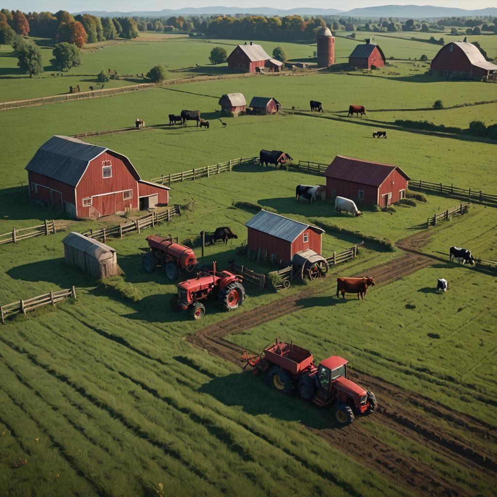 Picturesque Farm Scene with Red Tractor, Matte Painting