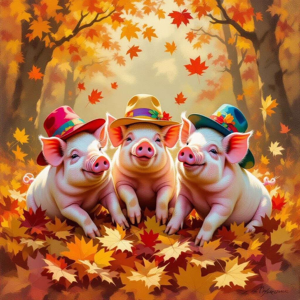Joyful Pigs in Autumn Leaves Oil Painting