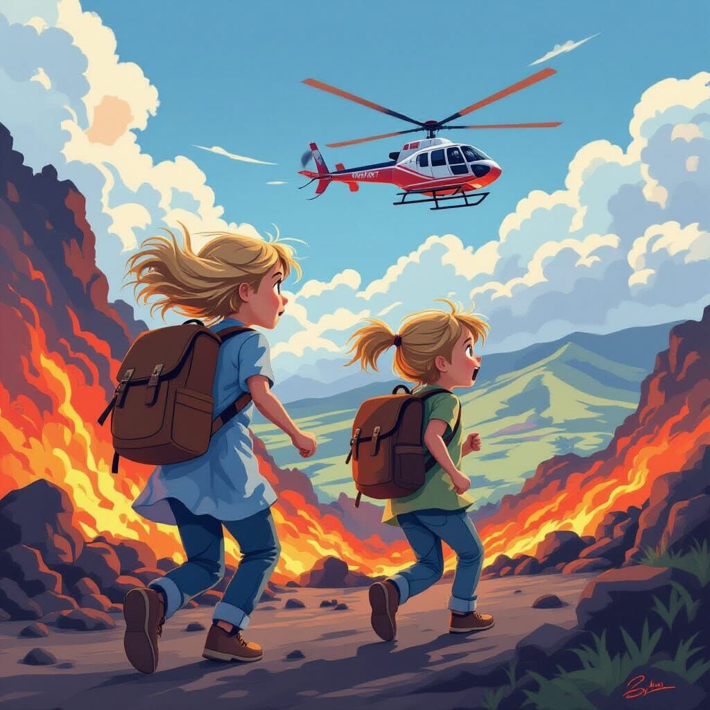 Brother and Sister Escape Lava Flow in Pixar Style