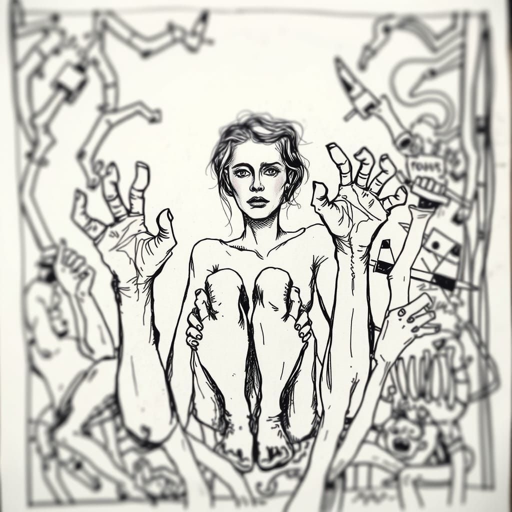 Disfigured Woman in a Blurred, Grainy Line Art Style