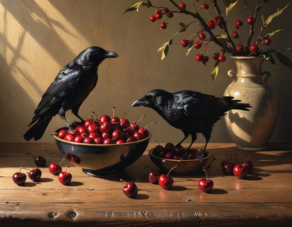 a bowl of cherries and a black crow on a table