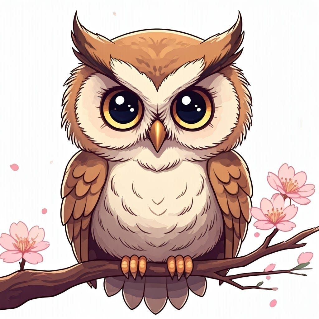 Whimsical Chibi Owl in Pastel Cherry Blossoms