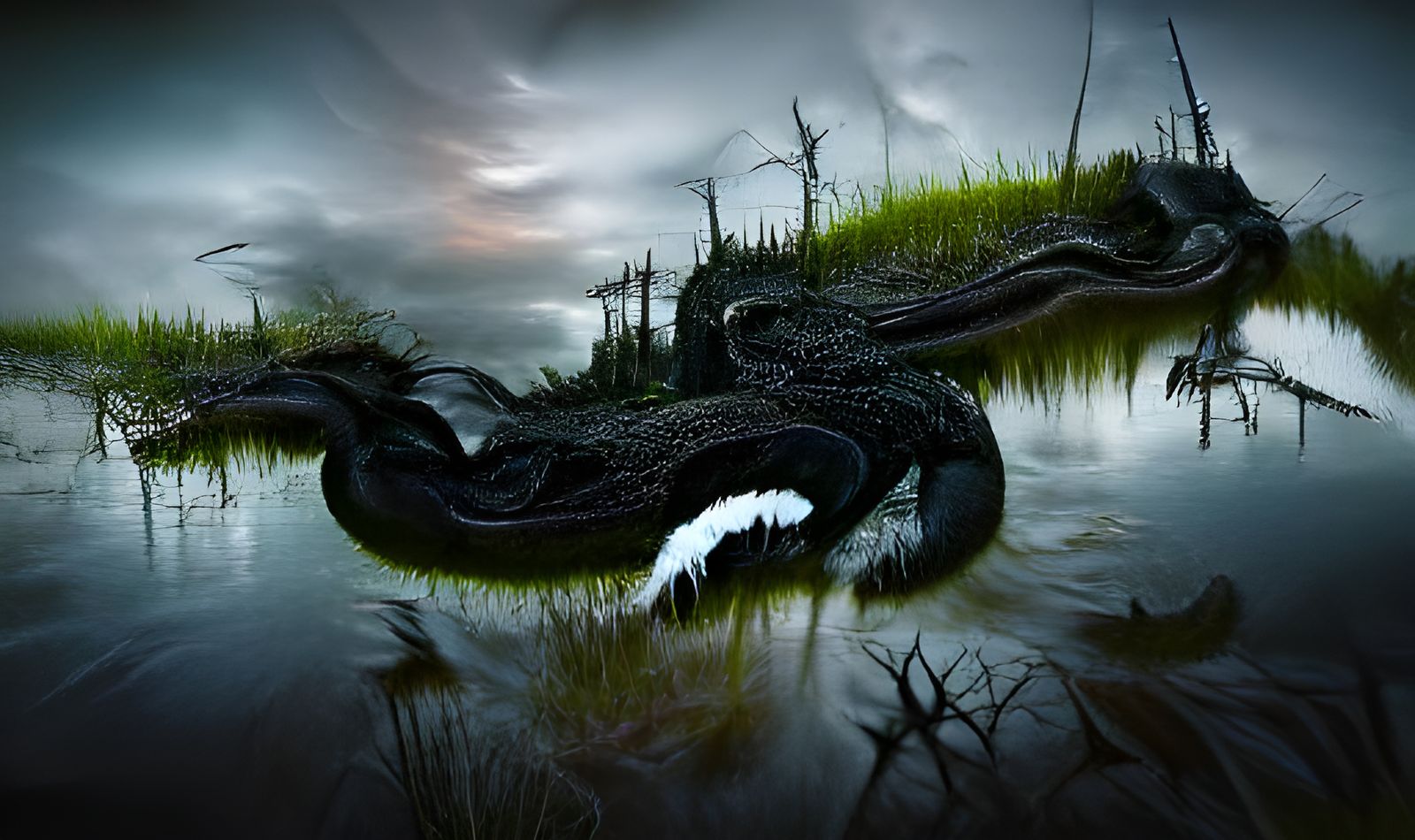 Photorealistic Black Dragon in Sinister Swamp