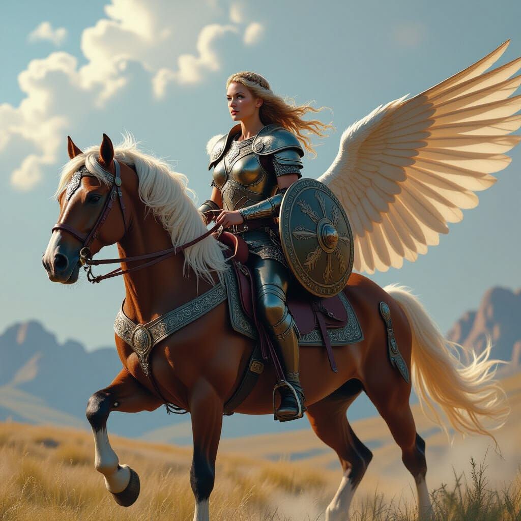 Norse Shield Maiden on Winged Horse in Hyperrealism