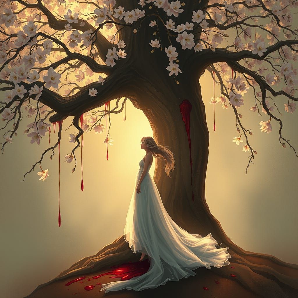 give me a book cover under falling blossoms with blood on the trunk it Should feel mysterious, romantic, a title of "Whe...