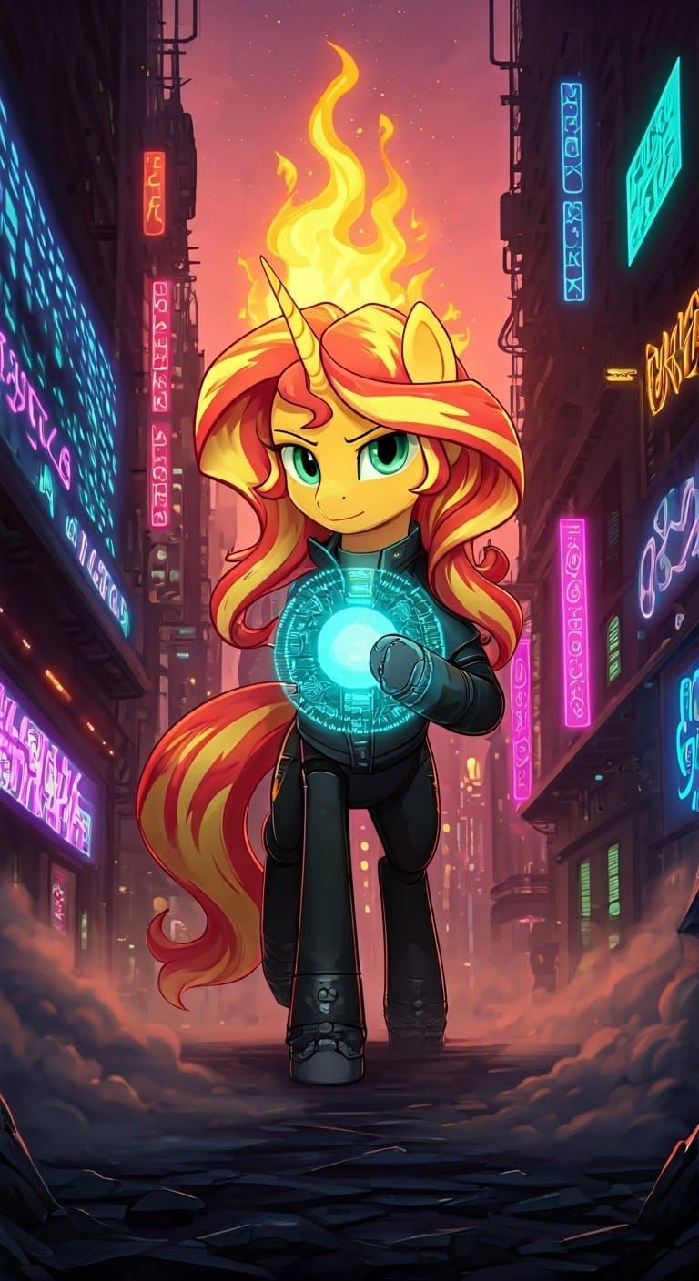 Sunset Shimmer in Cyberpunk City as Trading Card Art