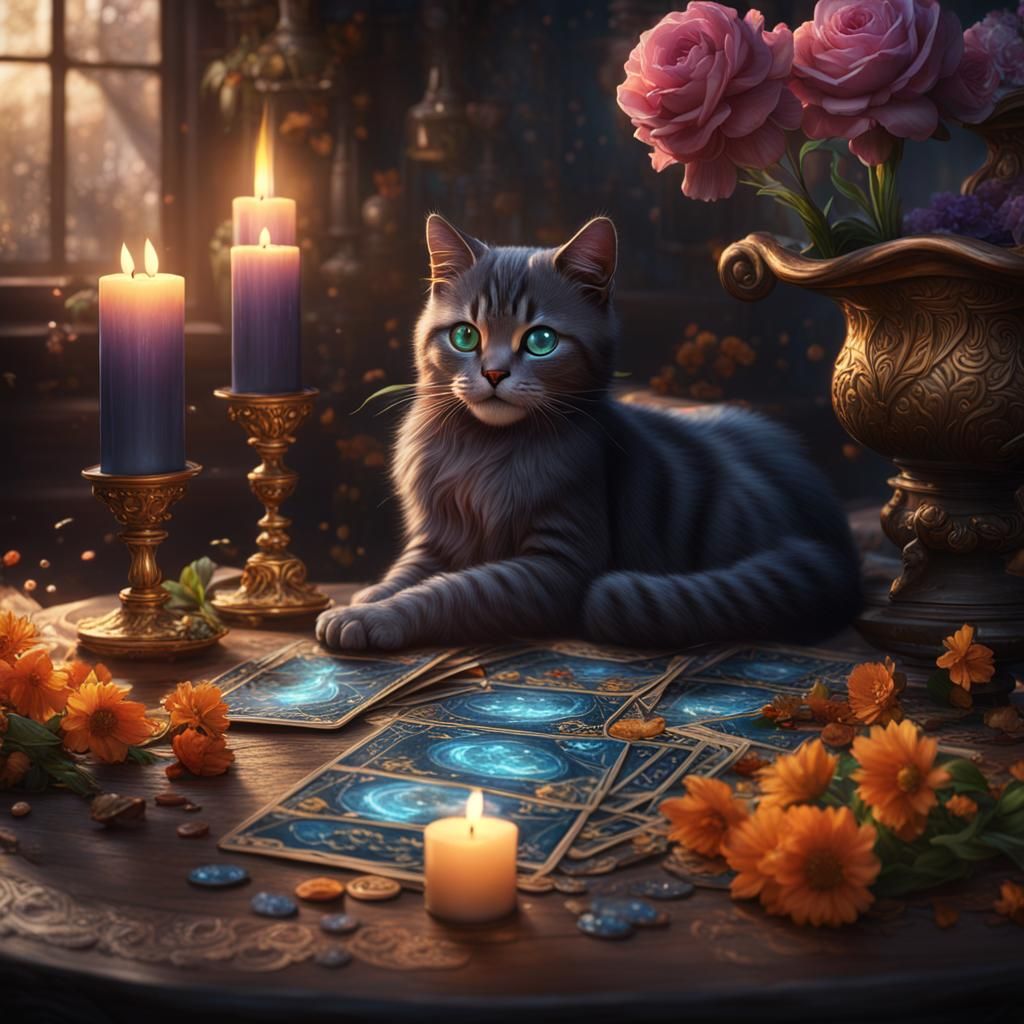 Kitten Among Tarot Cards and Flowers