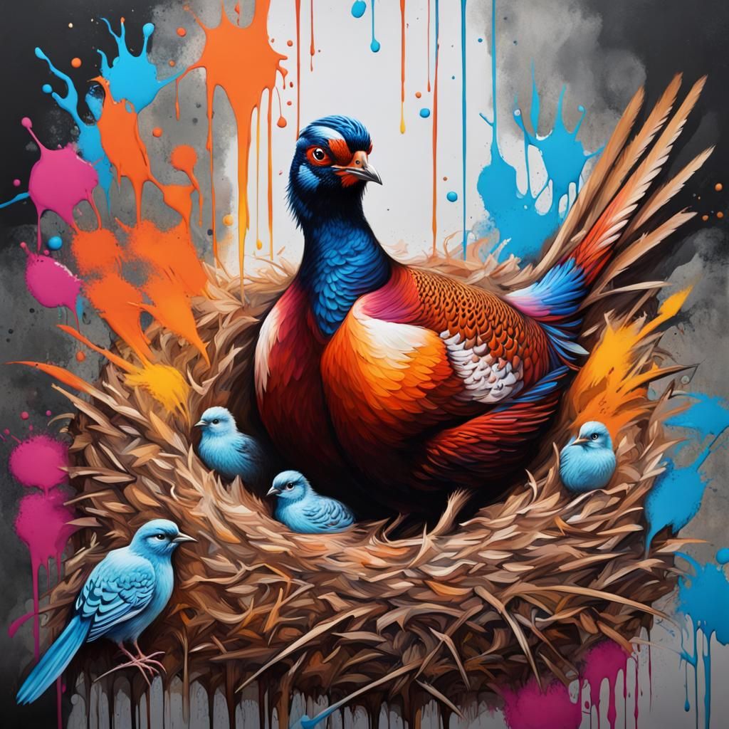 Pheasant Nest with Chicks in Graffiti Art Style