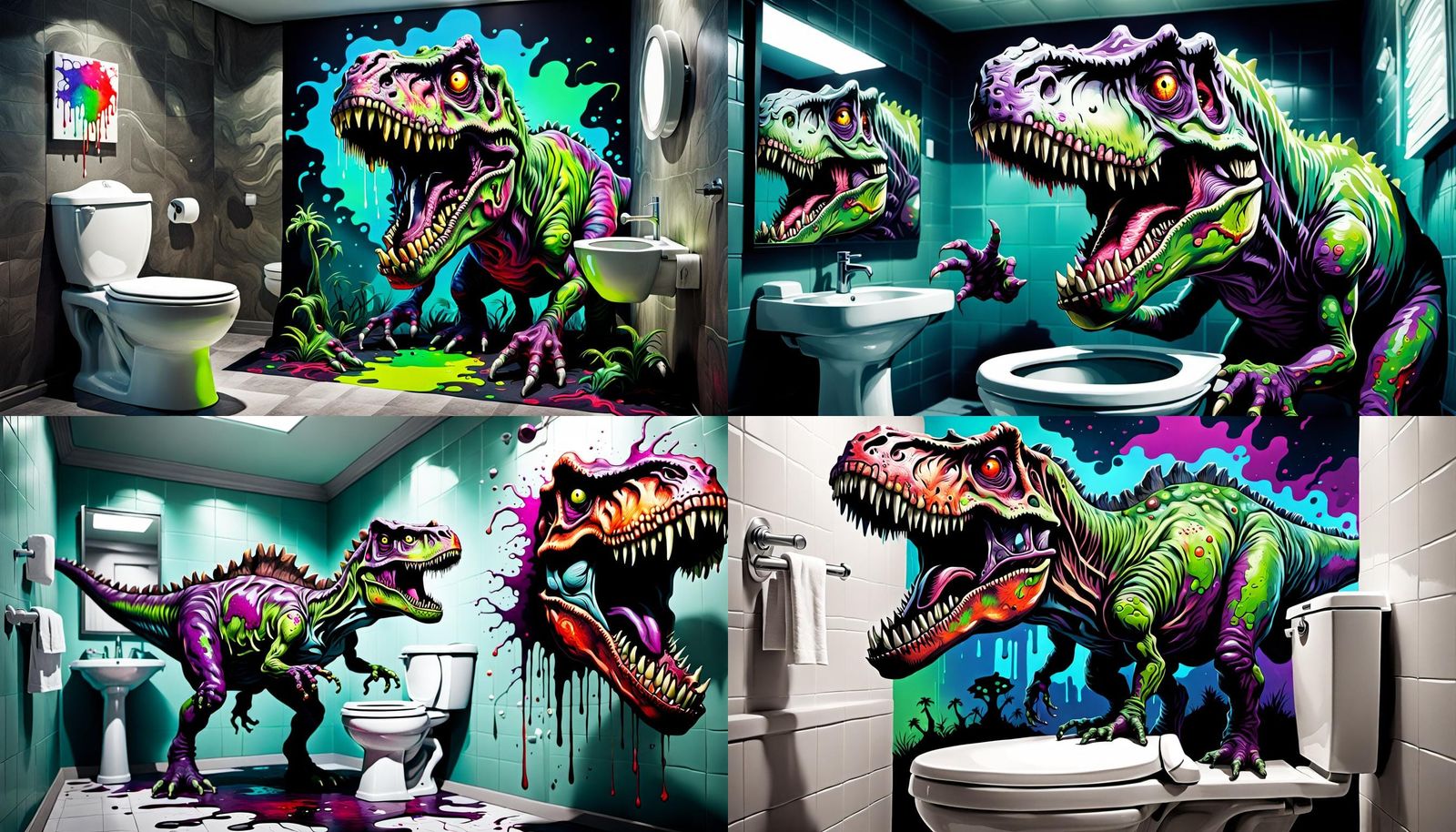an angry Zombie T-Rex on a toilet