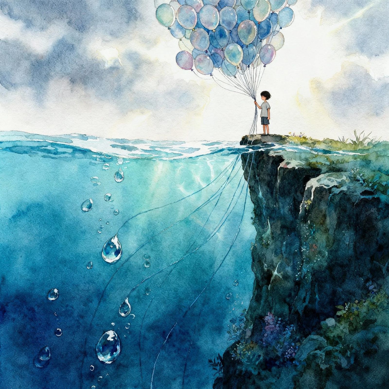 Child on Cliff with Balloons Submerged in Water