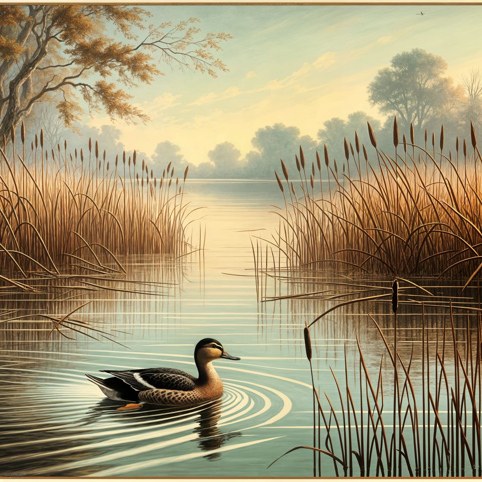 Duck Gliding on Pond in American Scene Style