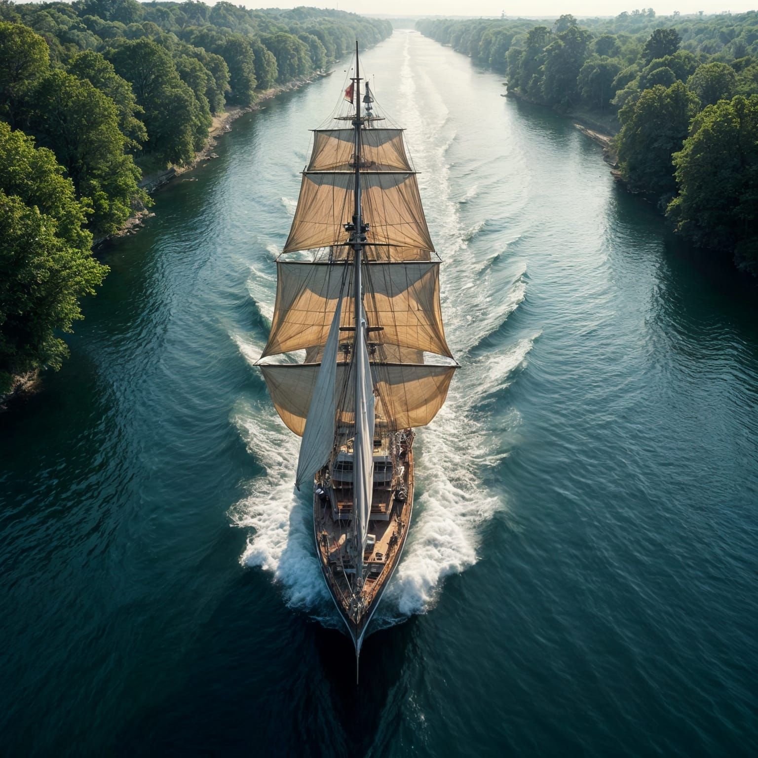Majestic Sailing Ship Speeds Downriver in Dramatic Light