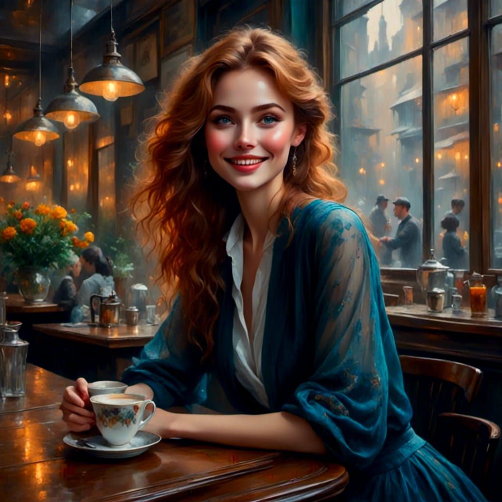 Beautiful Freckled Woman Smiling in Cafe