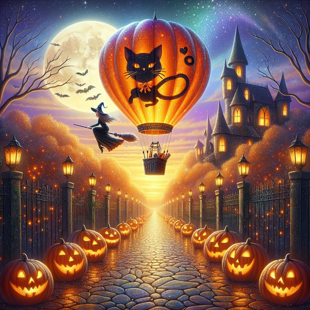 Halloween Witch and Cat Balloon in Oil Paint