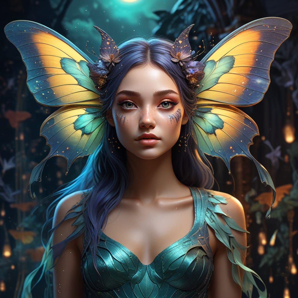 Luminous Moth Mermaid Hybrid in Splash Art