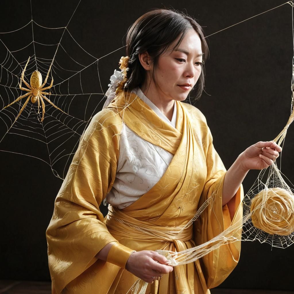 Peasant Woman Collecting Spider Silk in Art Nouveau Style