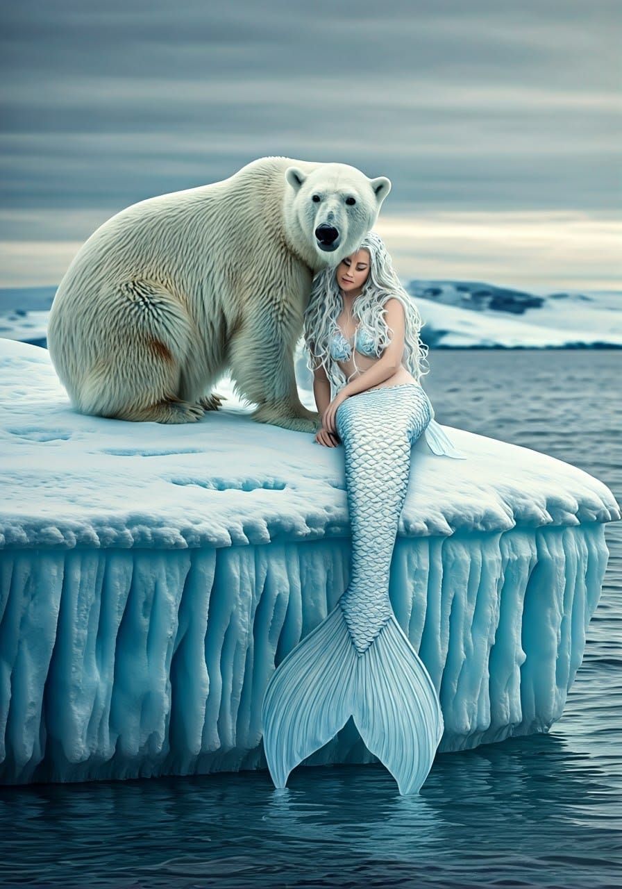 Majestic Arctic Mermaid and Polar Bear in Serene Winter Land...